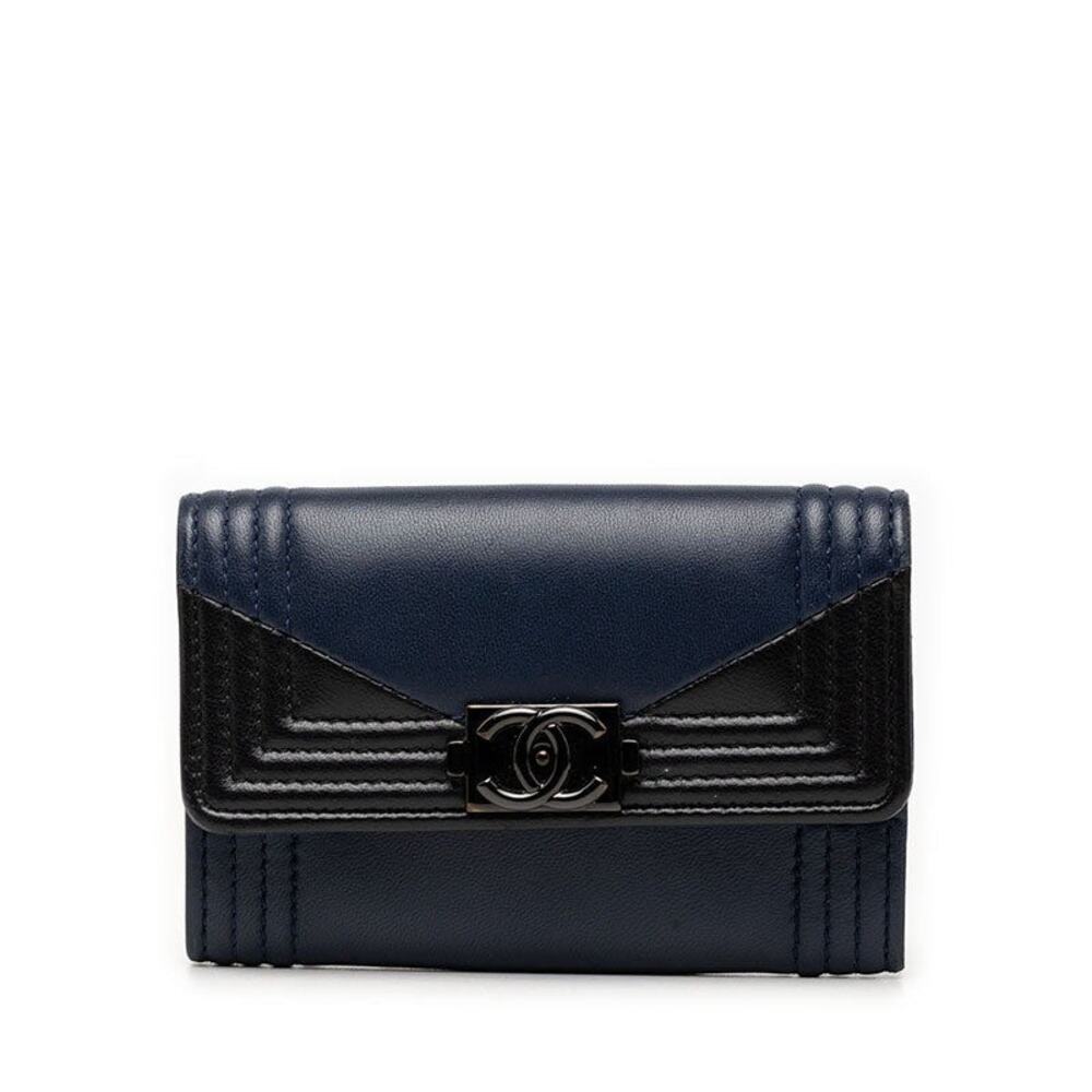 Chanel Lambskin CC Logo Boy Chanel Card Case Business Card Holder Navy